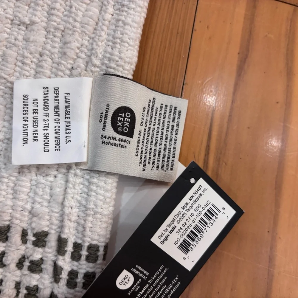 Hearth & Hand Cream and pale olive green open plaid Bath Rug machine washable